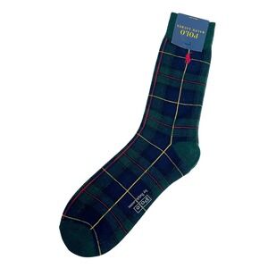 NEW Polo Ralph Lauren Mens Green Plaid Wool Blend Crew Socks Red Pony Logo NWT